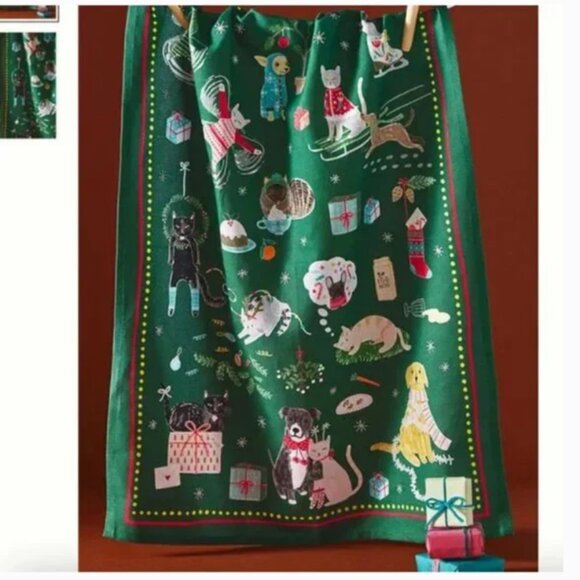 ⭐️Festive Friends Cat Dog Animal Christmas Holiday Chic Farm Boho Dish Towel - Picture 1 of 2